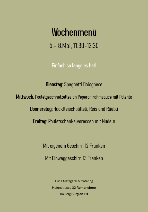 Wochenmenü KW 19 Luca Metzgerei für Standorte Romanshorn und Bürglen
