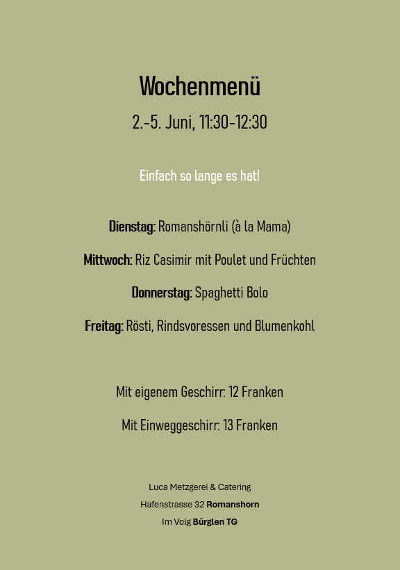 Wochenmenü KW 23 Luca Metzgerei für Standorte Romanshorn und Bürglen